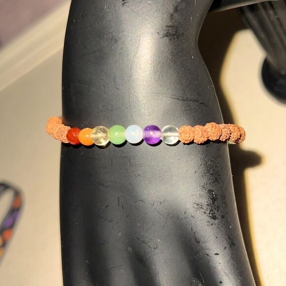 Vintage Stretch bracelet with brown rough beads and  7 bead shakra pattern NWOT - Picture 1 of 6